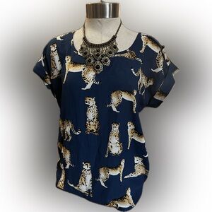 Mine Blue Short Sleeve Office Blouse with Cheetahs size S
